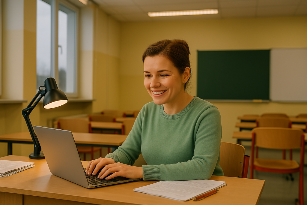 Nauczycielka pracująca przy srebrnym laptopie w klasie – zbliżenie na dłonie piszące na klawiaturze i ekran z widocznym interfejsem ChatGPT. Nowoczesny laptop dla nauczyciela 2025, idealny na bon dla nauczyciela. Sprzęt edukacyjny w polskiej szkole, realne warunki pracy przy biurku. Obraz generowany przez AI.