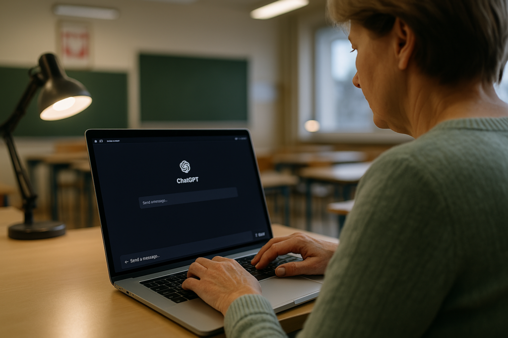 Nauczycielka pracująca przy srebrnym laptopie w klasie – zbliżenie na dłonie piszące na klawiaturze i ekran z widocznym interfejsem ChatGPT. Nowoczesny laptop dla nauczyciela 2025, idealny na bon dla nauczyciela. Sprzęt edukacyjny w polskiej szkole, realne warunki pracy przy biurku. Obraz generowany przez AI.