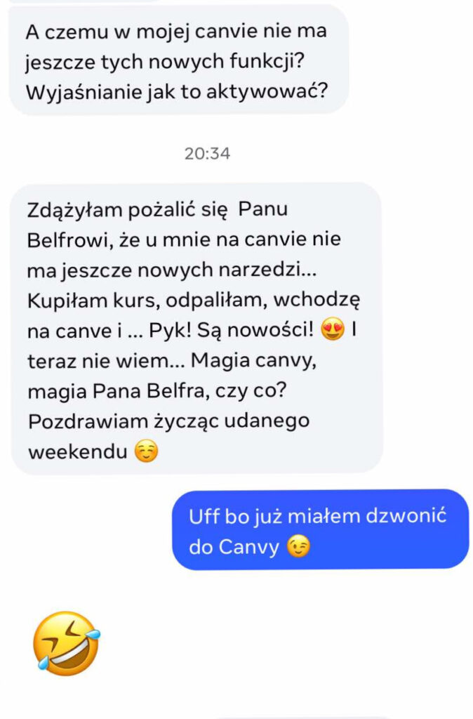 494574792_1827103004689188_828313729394905007_n – ze zmianami Zrzut ekranu z komentarzem uczestniczki kursu, która informuje, że po uruchomieniu pierwszej lekcji w Canvie nagle pojawiły się wszystkie funkcje AI – przykład działania ‘magii Pana Belfra’.